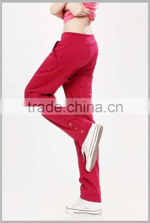 100%Cotton Womens Summer Casual Long Sports Pants with Drawstring & Button Design
