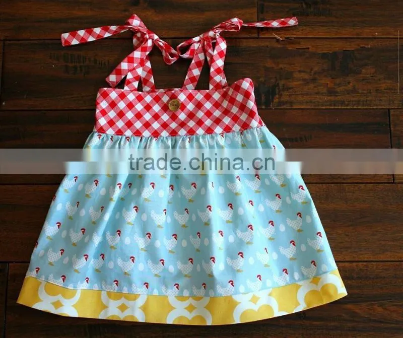 Wholesale Kids Boutique Dress Girls Grid Cotton Lace Dress Children Cute Hen Chicken Dress