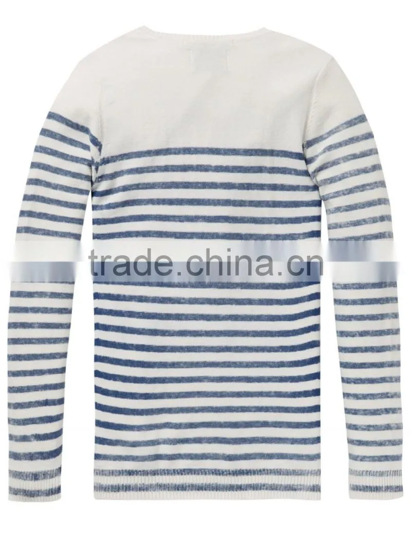 White Blue Stripe Letter Pattern Cotton Men Pullover Sweater
