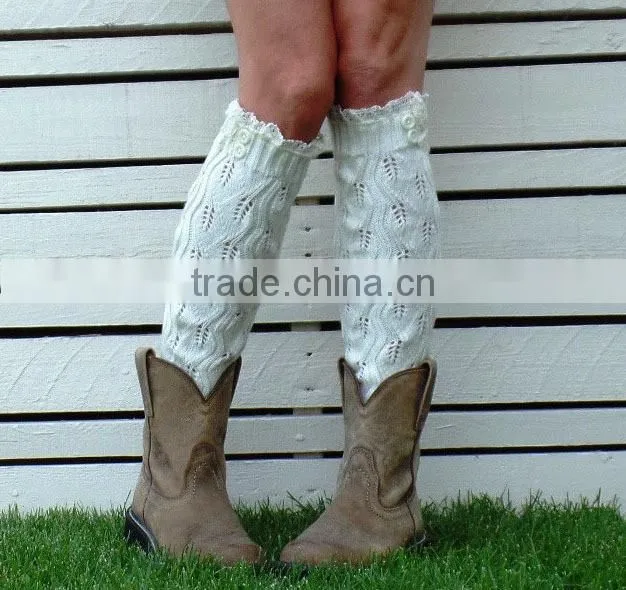 Women's Crochet Knit With Button Leg Warmers Lace Trim Cuffs Boot Socks