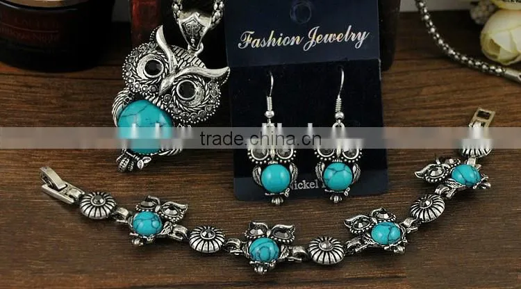 Top Green Red Blue Turquoise CZ Owl Necklace Bracelet Earrings Vintage Silver Jewelry Set