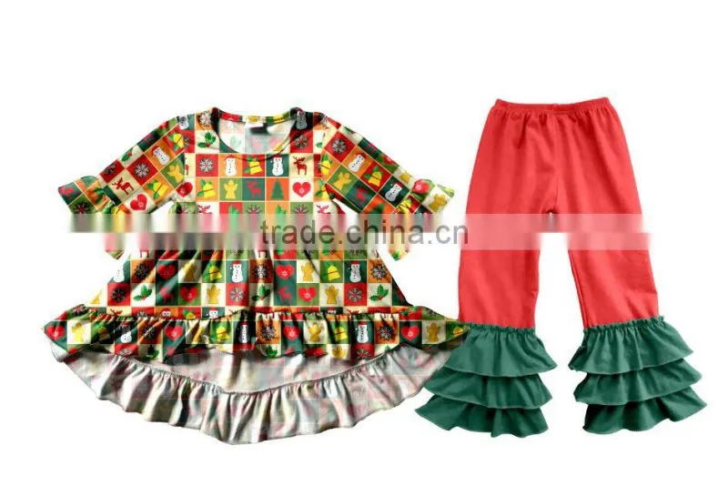 Fall Winter Snow Man Children's Long Sleeve Boutique Girl Clothing Set Baby Romper Outfits With Ruffle Pants Fast Delivery