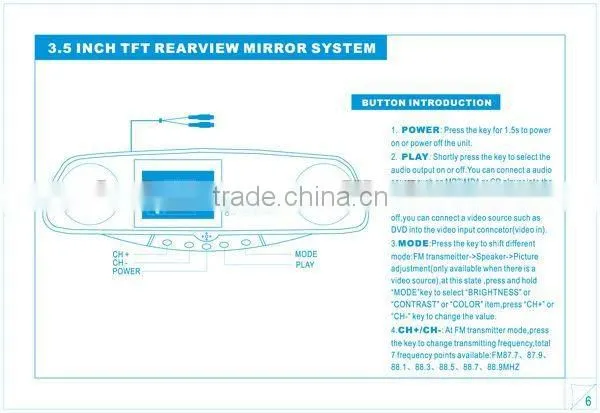 3.5 inch TFT Monitor Rearview Camera Auto Mirror Kit Parking Sensor System