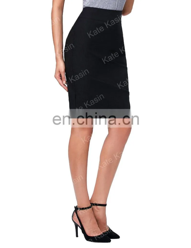 Kate Kasin Occident Women's OL High Stretchy Hips-Wrapped Black Pencil Skirt KK000269-1