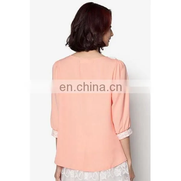 Custom Chiffon Blouse With Lace Flat Collar Half Sleeves Women Shirts and Tops