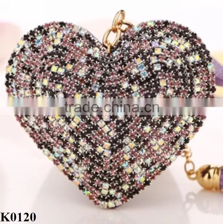 Metal key chain ring full rhinestone heart crystal leather keychain keyring for wholesale K0120