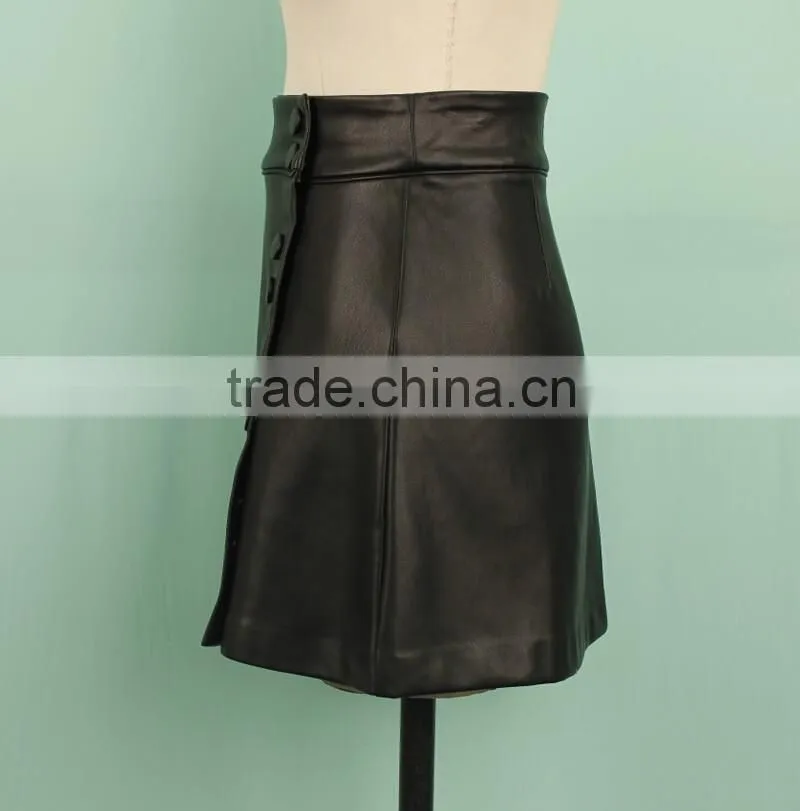 2016 newest design short black mature woman leather skirt