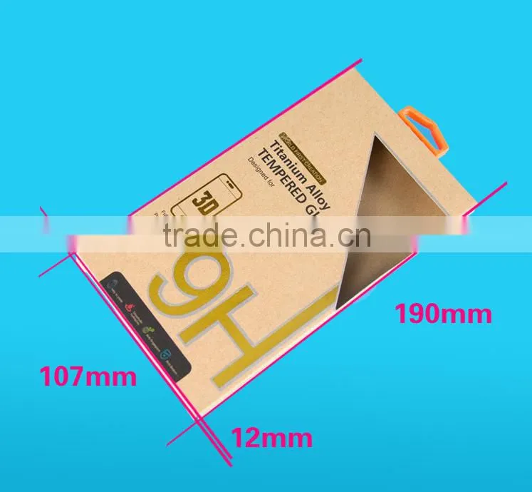 2016 Customized brown kraft paper box for tempered screen protector with silver stamping and plastic hanger