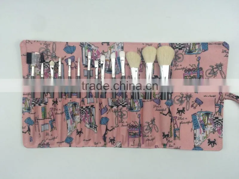 14pcs white goat hair black wooden handle in pink abstractive design PU bag Cosmetic Brush Set new arrival