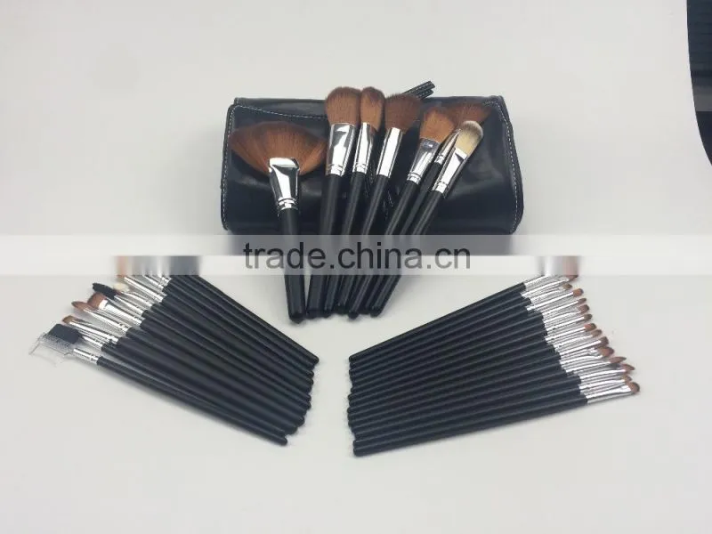 Cosmetic facial brown nylon hair matte black wooden handle in charming black PU bag makeup brush set 34 piece