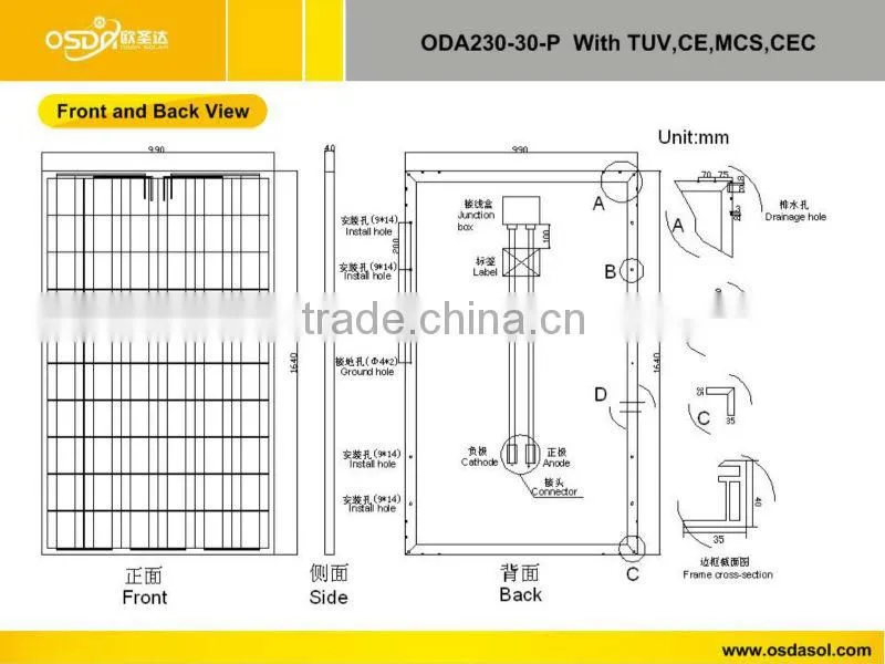 TUV MCS CEC certificated polycrystalline 230W solar panel
