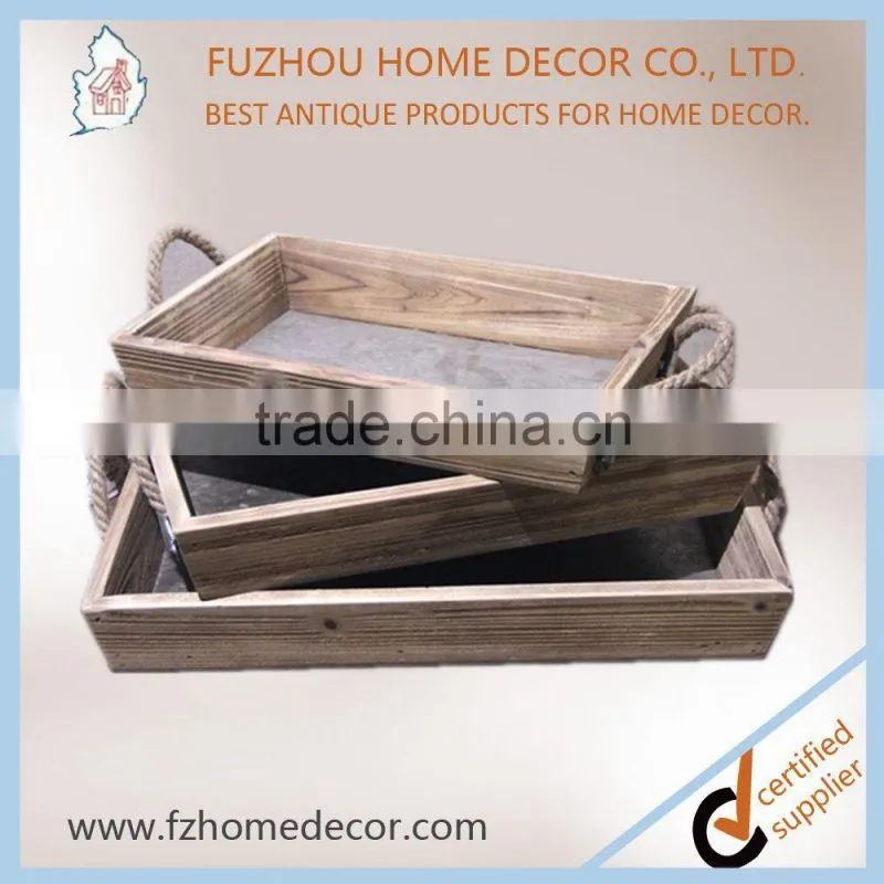 Decorative antique set of 3 wooden tin tray with rope handles for home