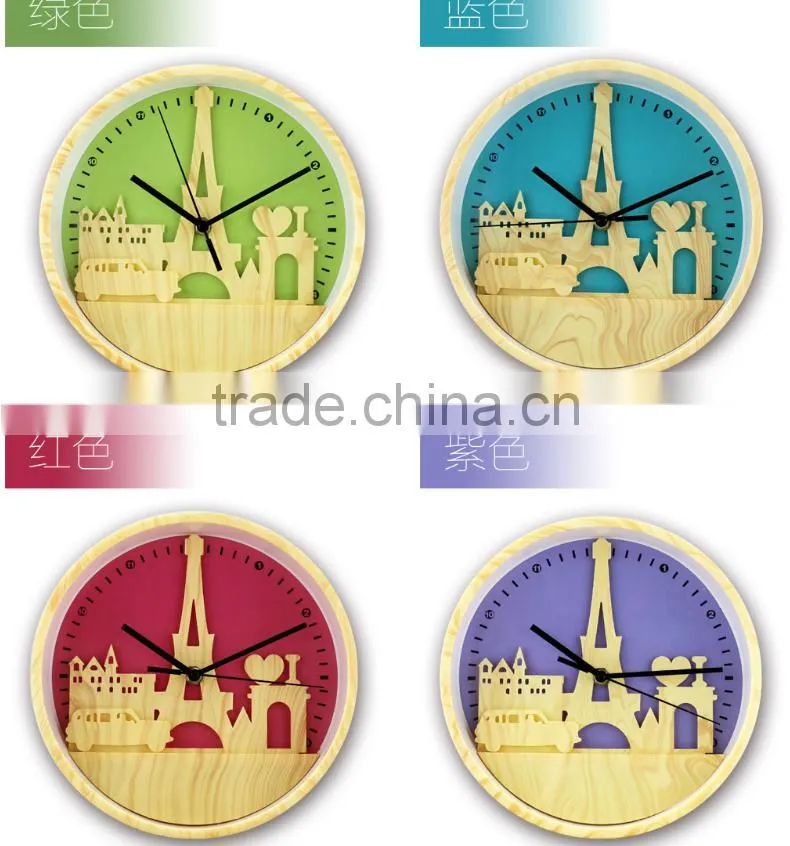 Fashion 10" Wood Color Clock With Iron Tower Shape, Creative Mute Wall Clock For Decoration