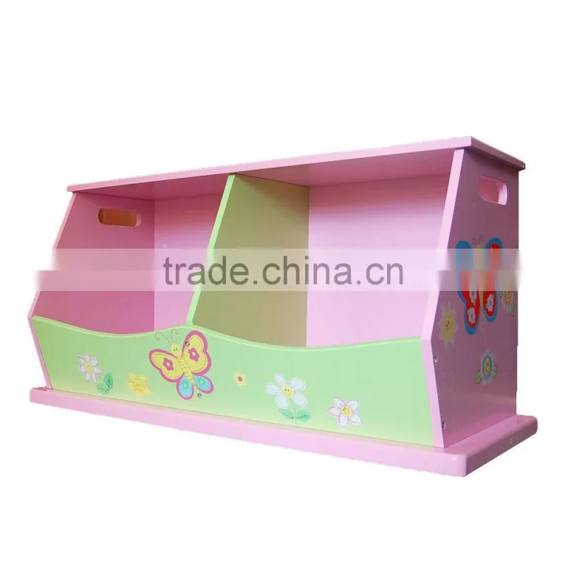 New Girls' Wooden Hand Painted Pink Flower Double Stacking Toy Storage Box Bench