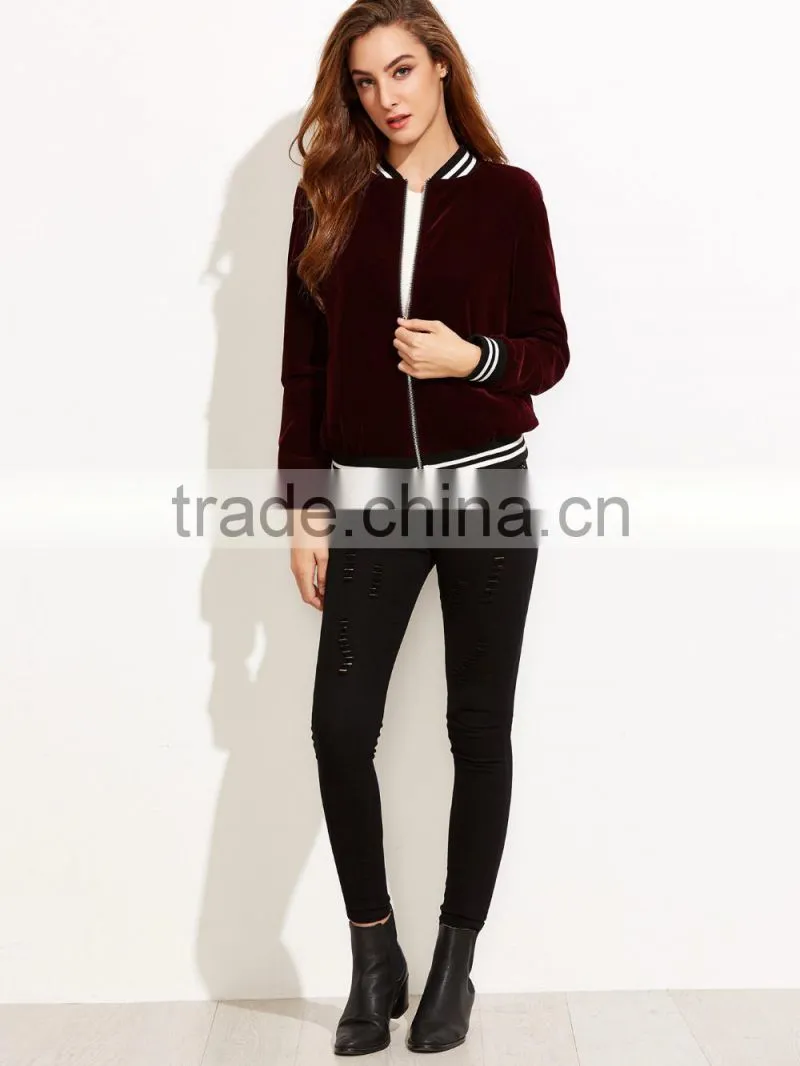 Jacket Women Winter Burgundy Stand Collar Bomber Jacket Slim Fit Velvet Blazer With Striped Trim Detail