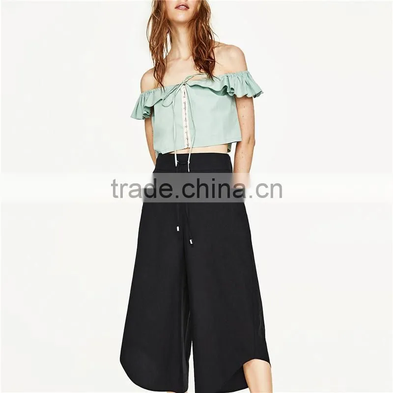 Cord Culottes Asymmetric Slacks Women Black Dress Pants