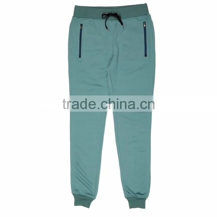 Hot sale plain green casual elastic waist zipper jogger mens 100% polyester loose sweat pants