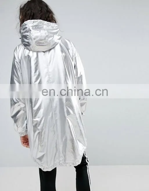 Wholesale classic outside women nylon custom plain sliver metallic long jacket