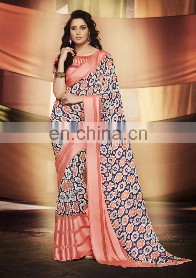 Orange Colored Georgette Satin Printed Saree