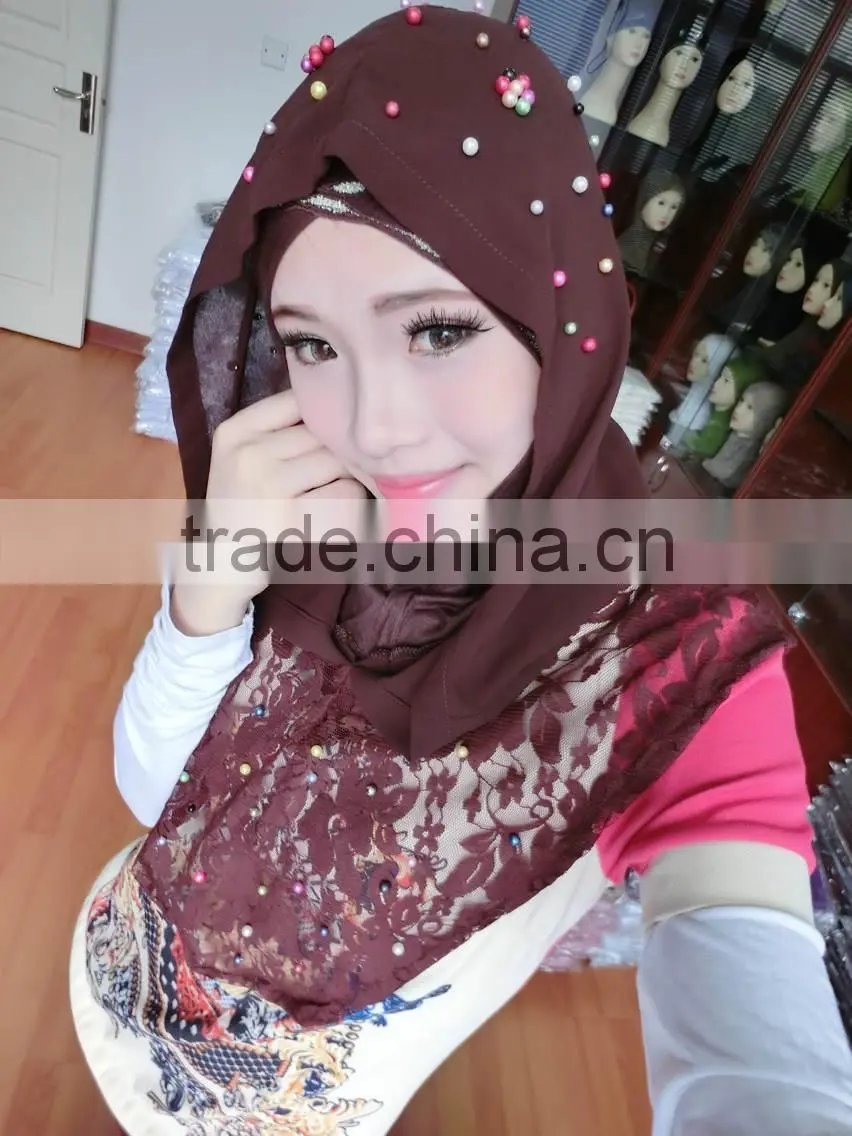 A390 Newest 2015 lace chiffon pearl islamic scarf hijab MUSLIM 2 PIECEs LONG HIJAB