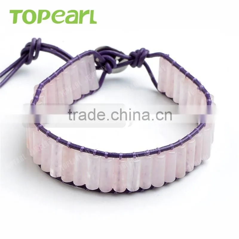 Topearl Jewelry Rose Quartz Bracelet Woven Leather Wrap Bangle 7.5 Inches CLL122