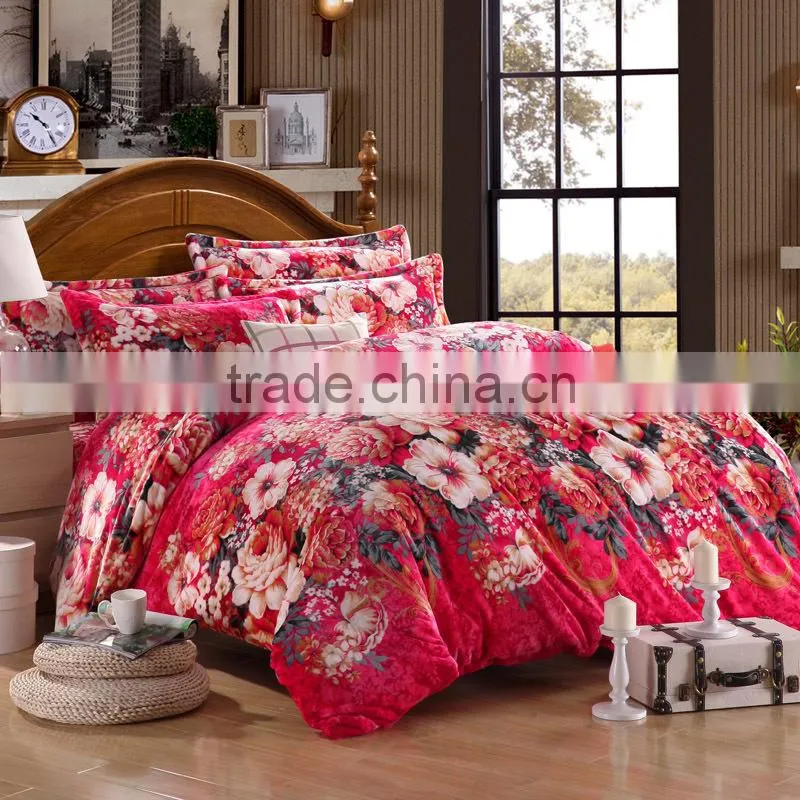 Newest design red flower pattern home use flannel fleece quilt cover set kids bedroom sets