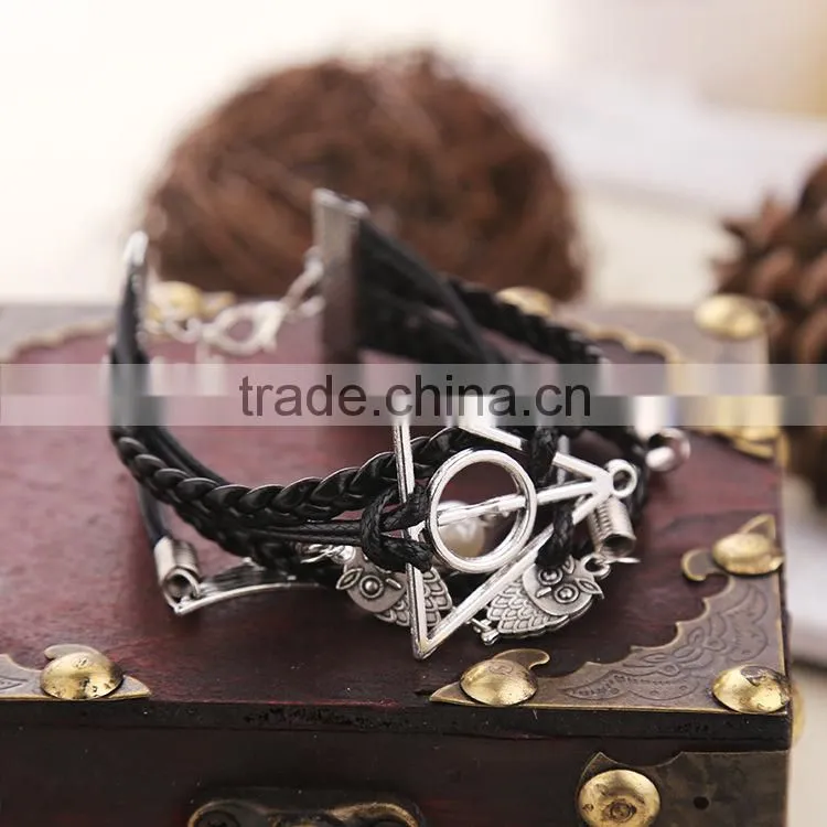 2015 new desigh women and mens leather alloy bracelet layered men leather bracelet