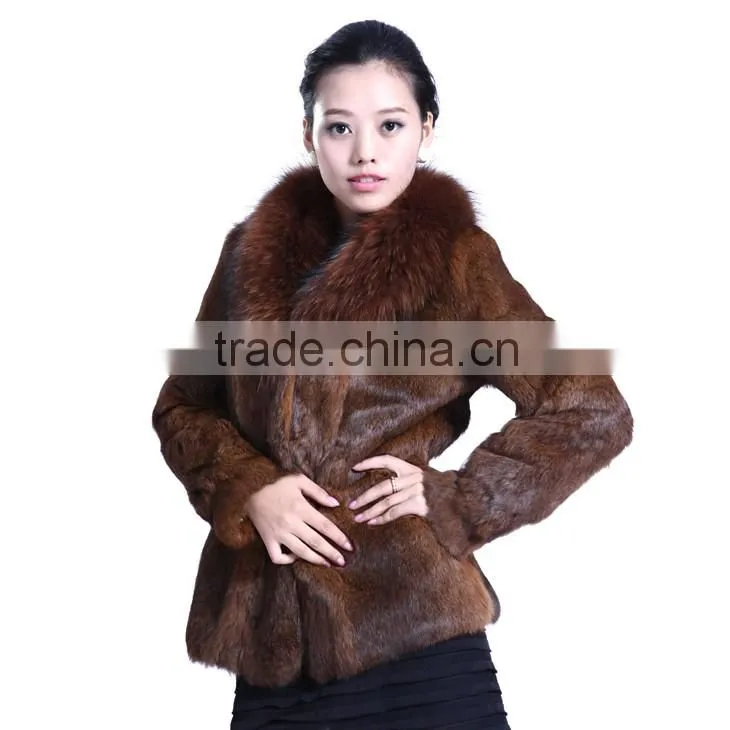 QD5728 Hot Selling Colorful Rabbit fur Coat With Raccoon Collar For Wholesale