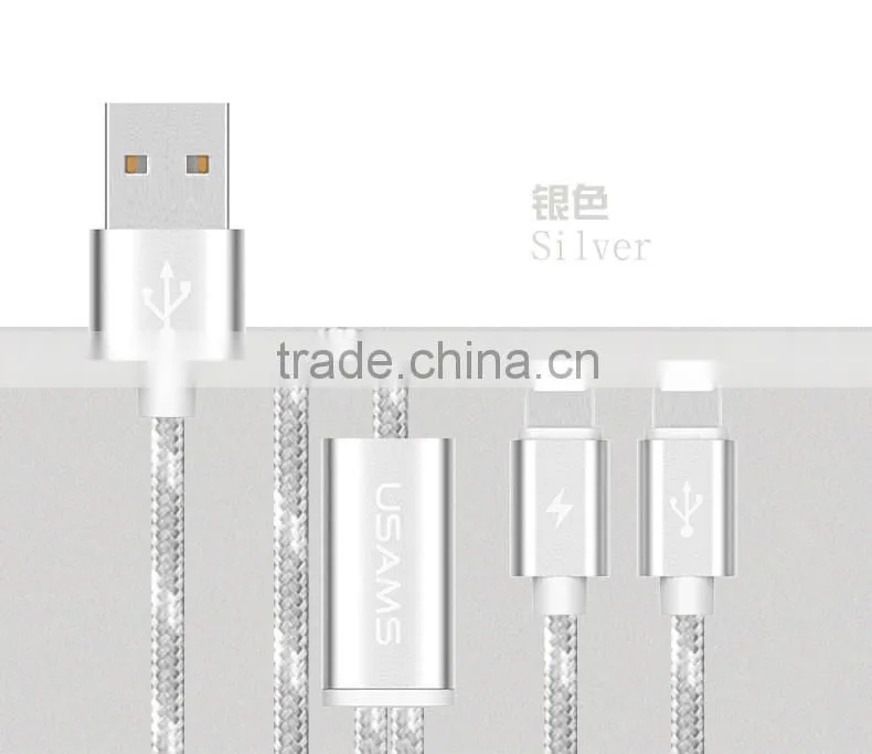 USAMS SJ044 1.2M Nylon braided 2in1 cable for iphone 6/6s/6s plus 2.1A USB Metal Weave Charging Data cable for iphone 6 plus/5s