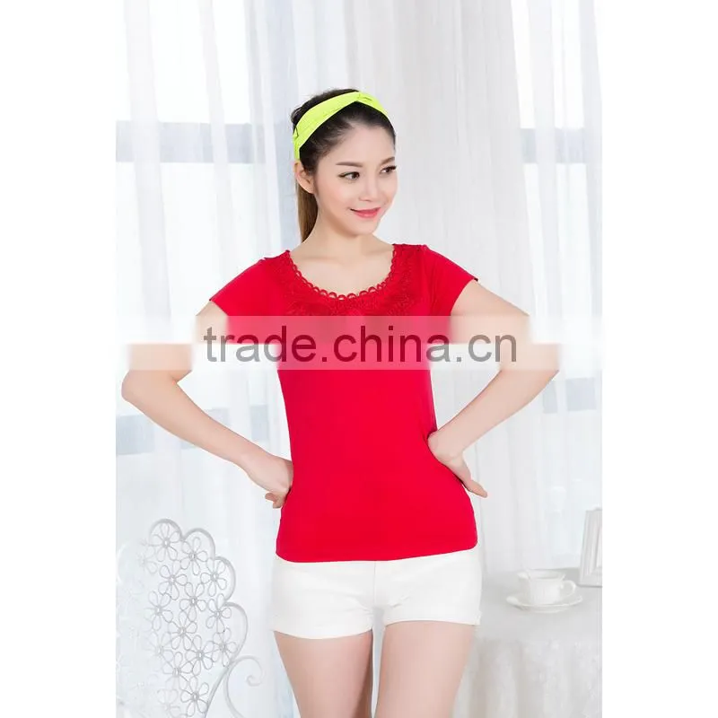 2015 Girls Seamless Fashion Short Sleeves with lace on front neck