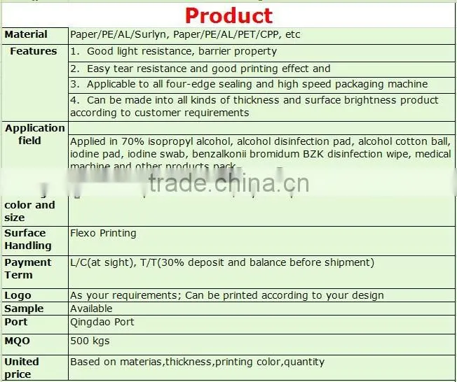 CHot sell printed alcohol prep pad aluminum foil wrapping paper, packaging paper for wet ipes