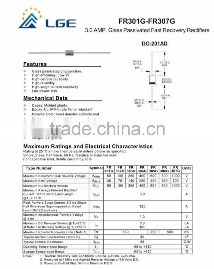 FR303G fast recovery diode 3.0A 200V DO-27