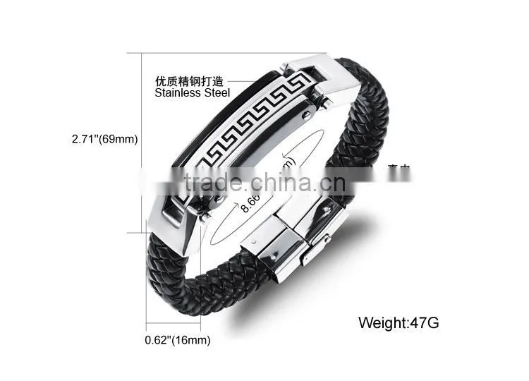Plated 0.02um Nickel And Lead Free Leather & Steel Jewelry Custom Logo Bracelet