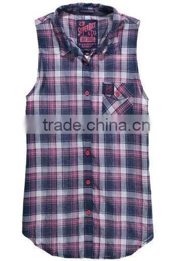 100%COTTON YARN DYED CHECK LADIES SHIRT, NO SLEEVE