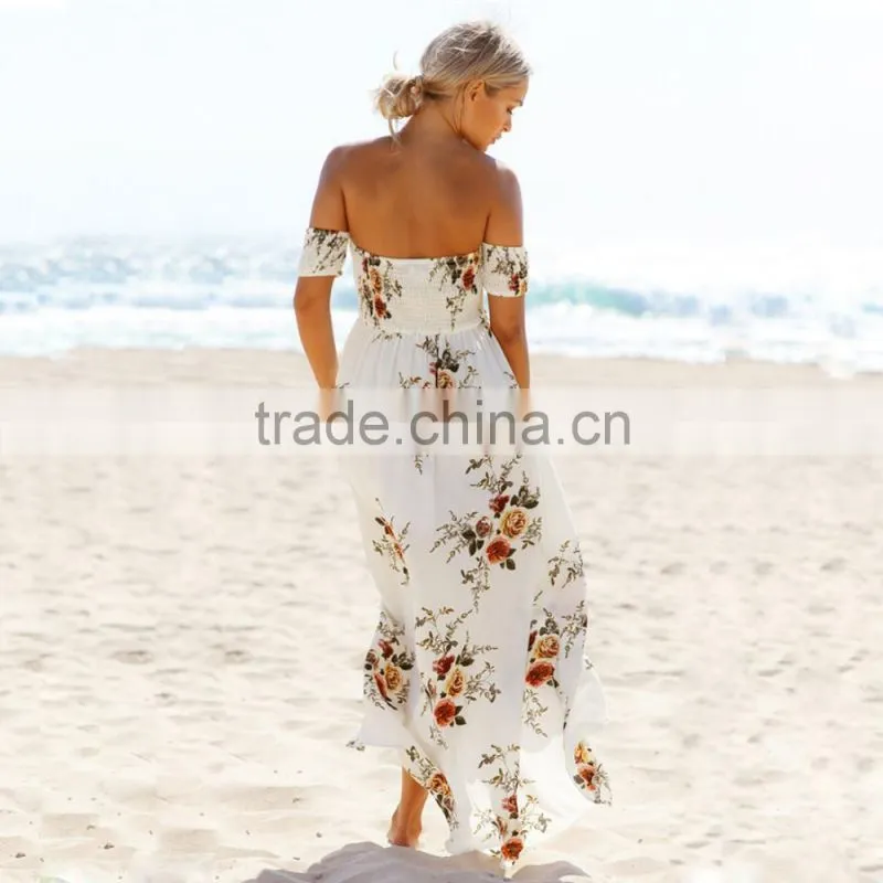 Boho style long dress women fashion Off shoulder beach summer dresses Floral print Vintage chiffon white for wholesale 2017