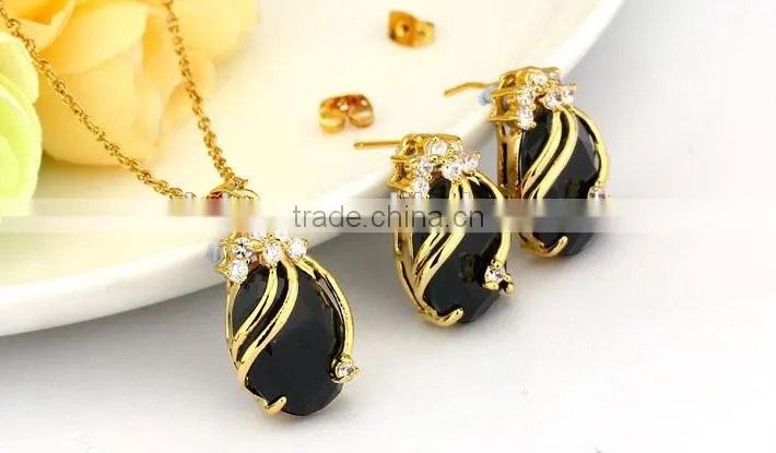 Copper Gemstone Fashion Jewelry Sets,Drop Earrings Crystal Pendant Necklace Bridal Jewelry Set (Red,Green,Blue,Purple and Black)