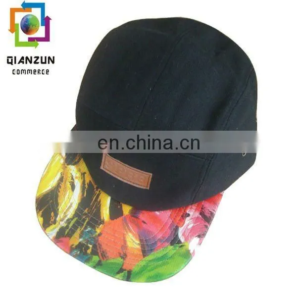 hot sale black custom leather trap leather 5 panel cap