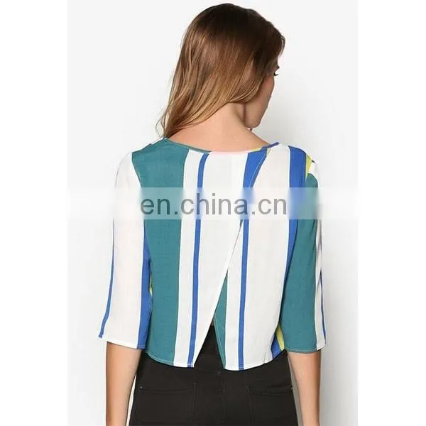 Fashion Design Half Sleeve Stripe Wrap Back Tee Office Elegant Top Woman