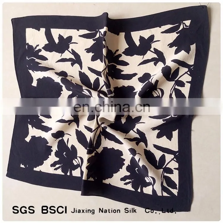 Digital print black flowers pattern crepe de chine silk scarf