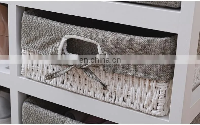 wooden sitting Storage Bench with basket Drawers & Seat Cushion for Shoe Cabinet