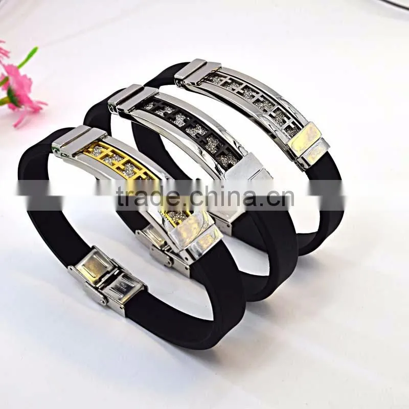 Daily wear wholesale fashion jewelry stainless steel engrave cross silicon bracelet
