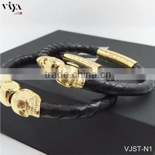 2016 New Real Navy Blue Leather Python Twins Skull Stainless Steel Bracelets With Higher End Quality Standard