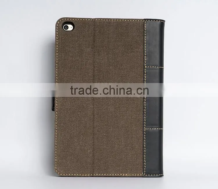 2016 Real Leather+Cavas Stitching design Leather Case For iPad mini 4