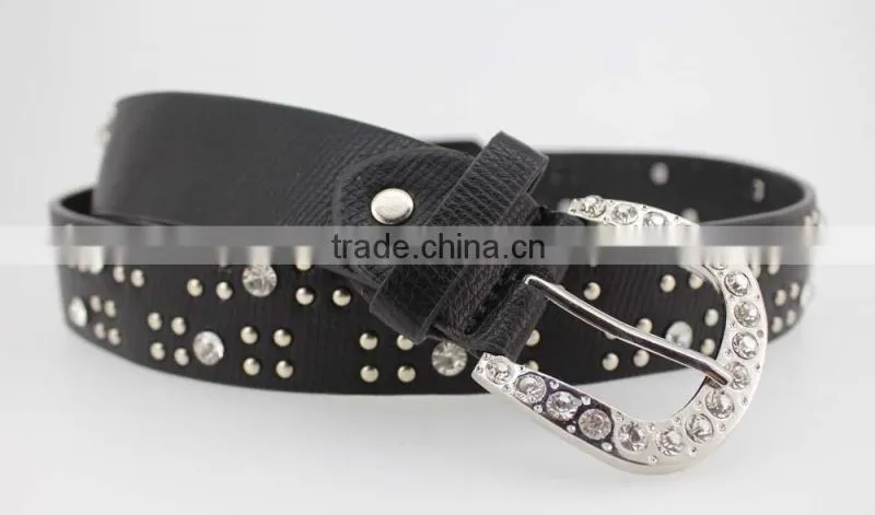 Women's classical metal and rhinestone studded 33Mm belt leather with shiny rhinestone buckle