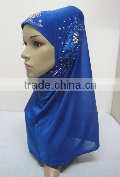 H299 latest one piece instant hijab with lace and rhinestones,muslim scarf