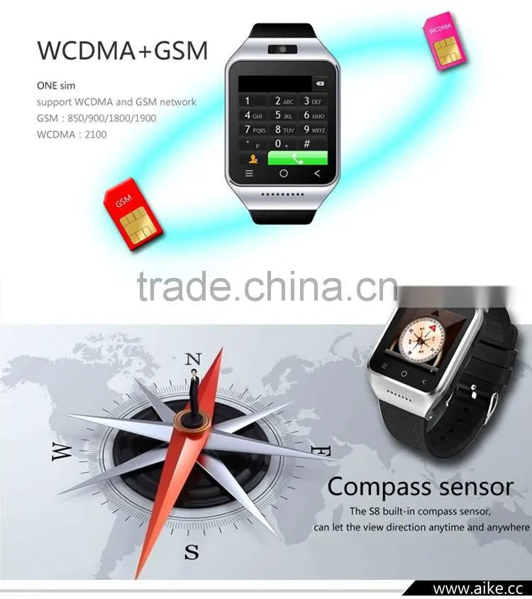 S8 Smart Watch Phone Bluetooth 4.0 Android 4.4 Wifi 3G WCDMA Dual Core MTK6572 512MB 8GB GPS 5.0MP Camera Wrist watch Smartphone