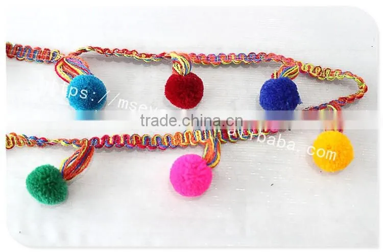 Fashional design 5cm width corchet cotton rainbow pom pom for garment