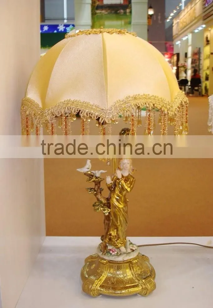 Lady Playing with Doves Ceramic Base Table Lamp, Gold Color Table Lamp