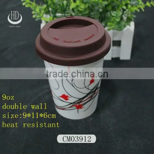 Double Wall Ceramic Travel Mug with Silicone Lid,ceramic double wall promotional travel mug with silicon lid
