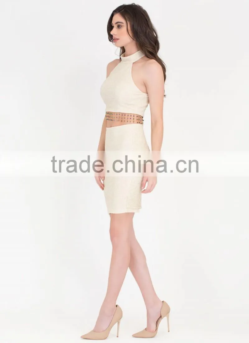 Women two piece set bead of my heart shiny top and skirt set ladies formal skirt and blouse